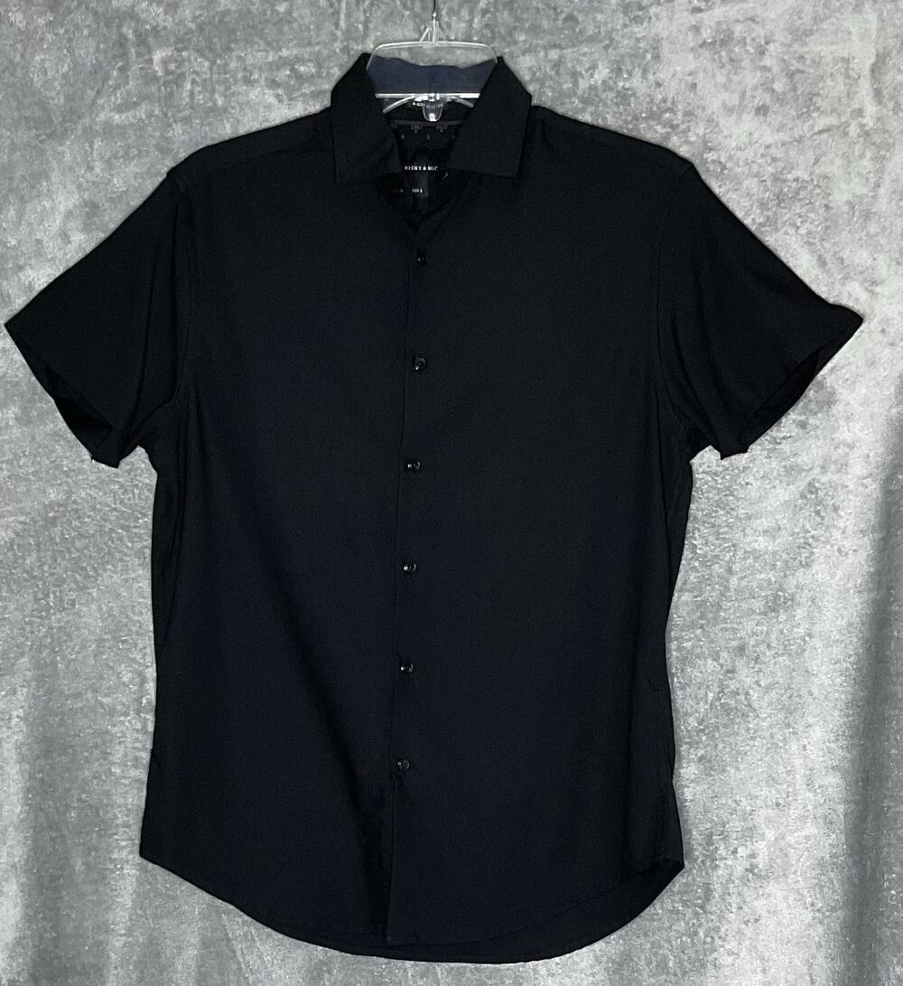 Ricky & Micky Mens Small Black Button Up Shirt 4 Way Stretch Short Sleeve
